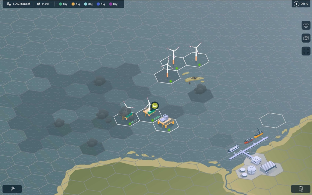 Screenshot von der Spieloberfläche, bei der sechseckige Land- und Meer-Areale zu sehen sind. Dort kannman Windkraftanlagen, Speicher, usw. bauen und so grüne Energie gewinnen 